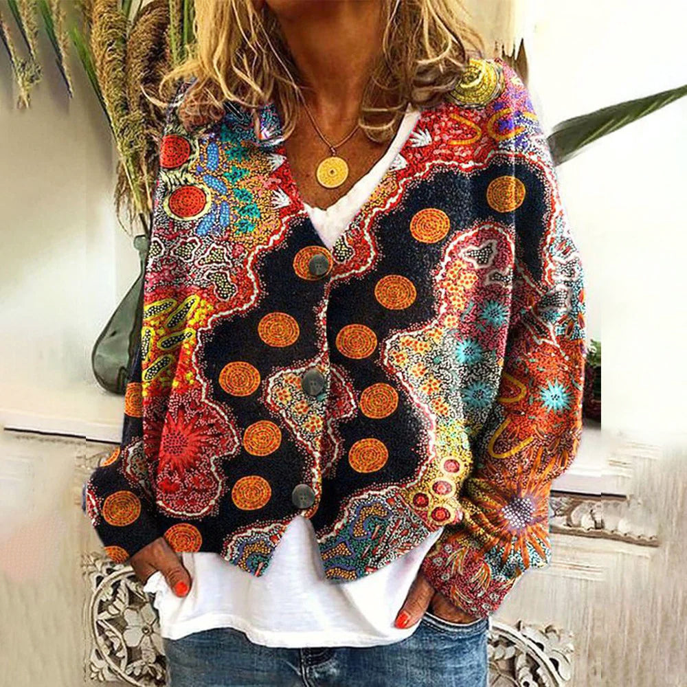 Bohemian Dream Cardigan for Women - Vibrant Multi-Hued V-Neck Button-Up Sweater in Soft Stretchy Fabric