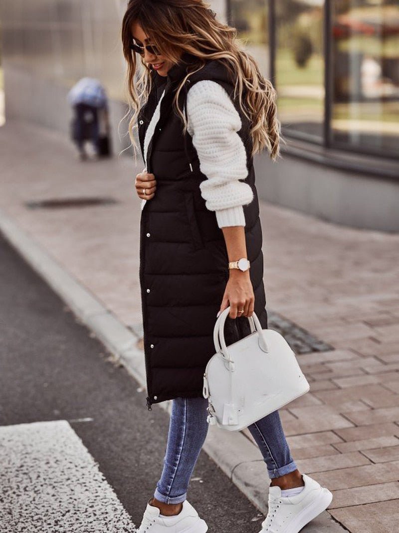 Cotton Quilted Puffer Vest for Women - Sleeveless Longline Design with Stand-Up Collar and Zip Closure