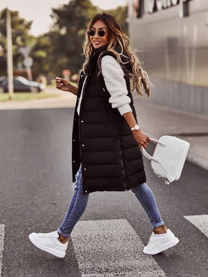 Cotton Quilted Puffer Vest for Women - Sleeveless Longline Design with Stand-Up Collar and Zip Closure