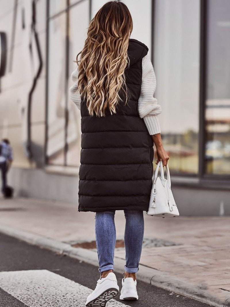 Cotton Quilted Puffer Vest for Women - Sleeveless Longline Design with Stand-Up Collar and Zip Closure
