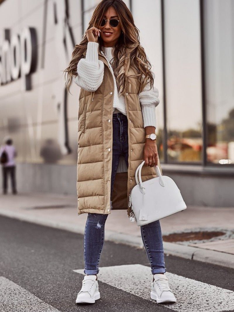 Cotton Quilted Puffer Vest for Women - Sleeveless Longline Design with Stand-Up Collar and Zip Closure