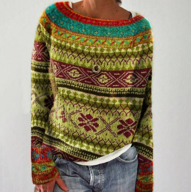 Cozy Artistic Patterned Knit Sweater for Women - Relaxed Fit, Crew Neck, Soft Touch Fabric