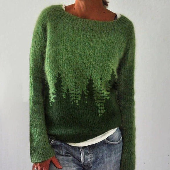 Cozy Artistic Patterned Knit Sweater for Women - Relaxed Fit, Crew Neck, Soft Touch Fabric
