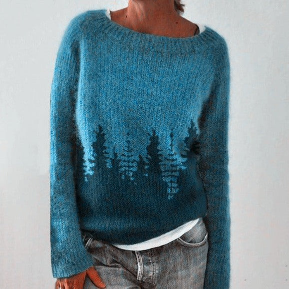 Cozy Artistic Patterned Knit Sweater for Women - Relaxed Fit, Crew Neck, Soft Touch Fabric