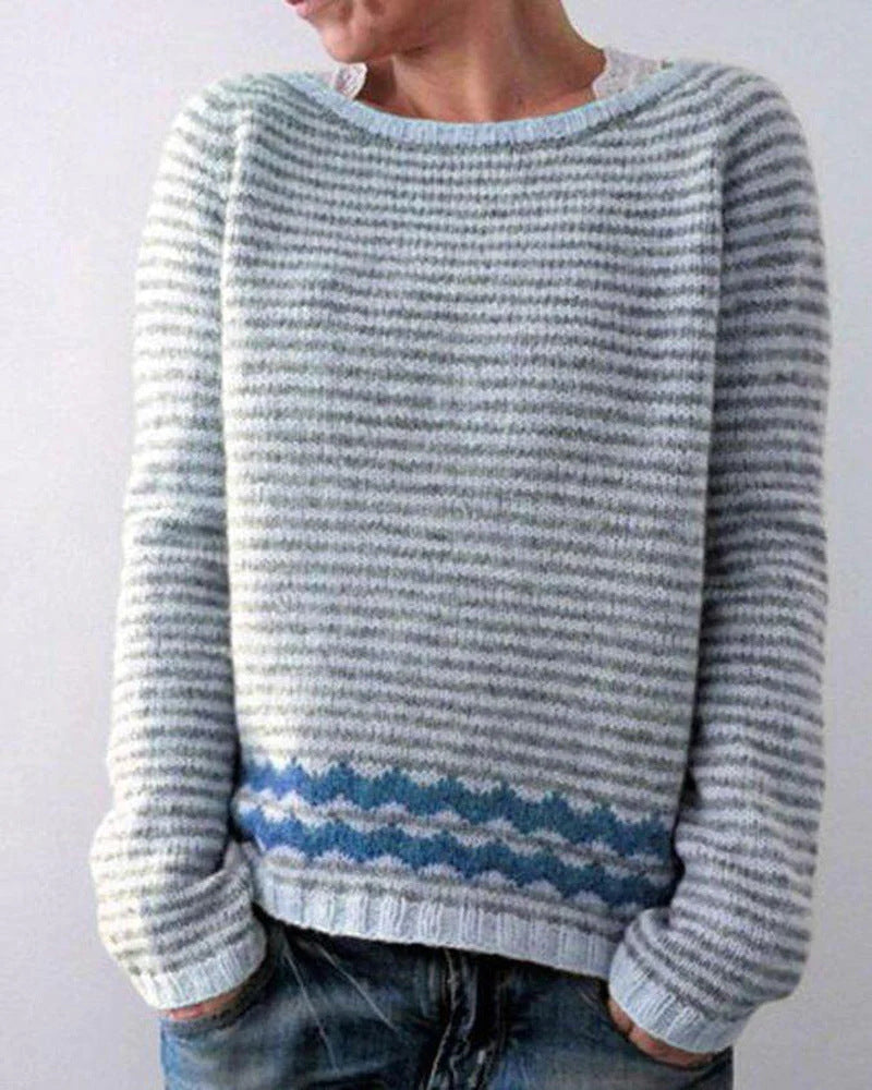 Cozy Artistic Patterned Knit Sweater for Women - Relaxed Fit, Crew Neck, Soft Touch Fabric
