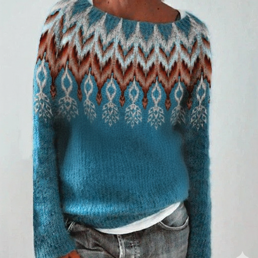 Cozy Artistic Patterned Knit Sweater for Women - Relaxed Fit, Crew Neck, Soft Touch Fabric