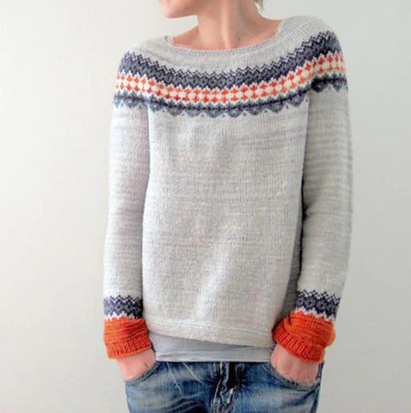 Cozy Artistic Patterned Knit Sweater for Women - Relaxed Fit, Crew Neck, Soft Touch Fabric