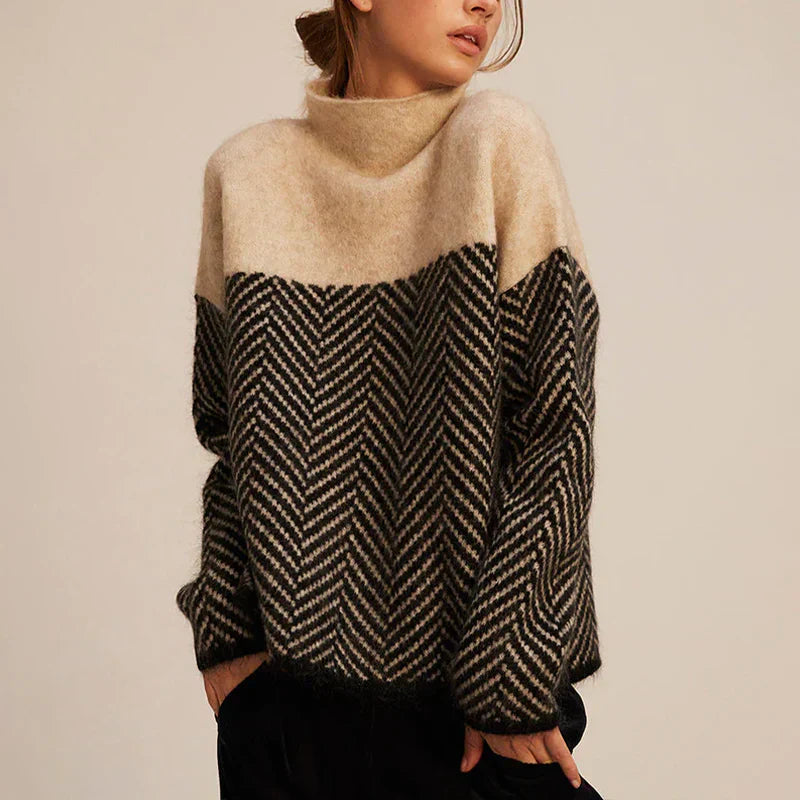 Cozy Herringbone Knit Sweater for Women with Stand-Up Collar – Relaxed Fit, Two-Tone Design, Perfect for Fall and Winter