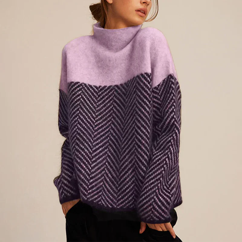 Cozy Herringbone Knit Sweater for Women with Stand-Up Collar – Relaxed Fit, Two-Tone Design, Perfect for Fall and Winter
