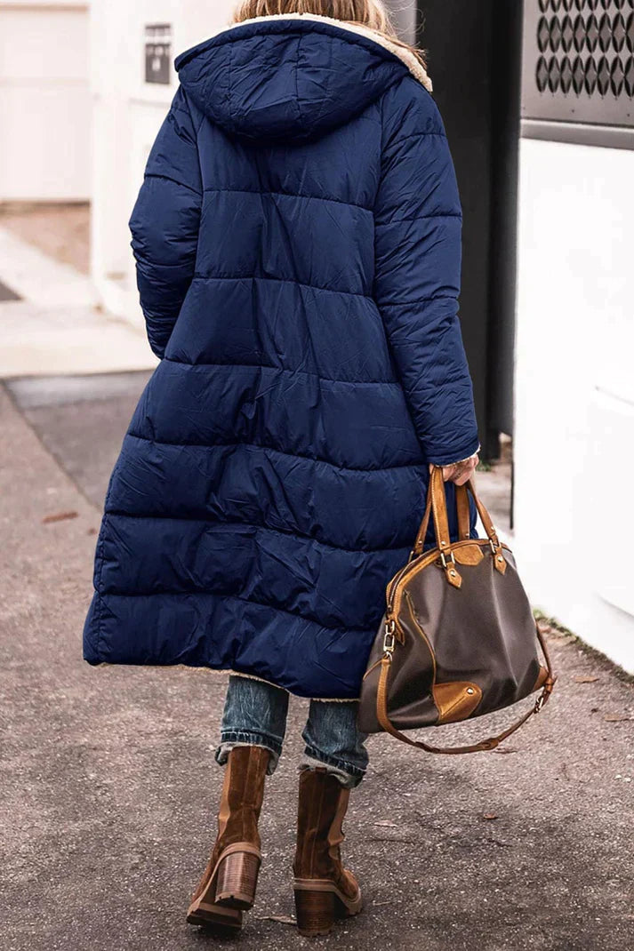 Cozy Long Puffer Coat for Women with Hooded Design – Quilted Winter Coat for Added Warmth and Comfort