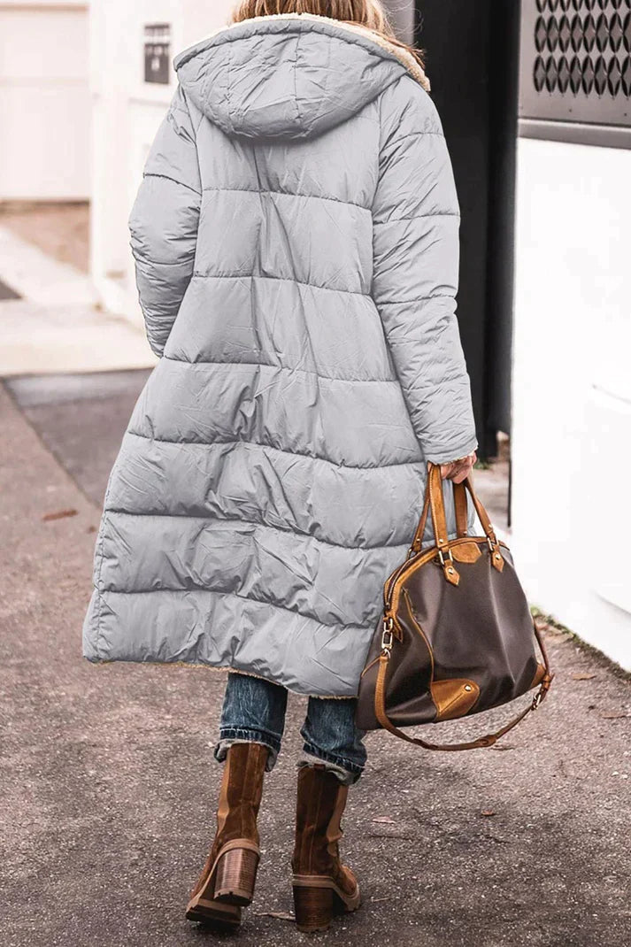 Cozy Long Puffer Coat for Women with Hooded Design – Quilted Winter Coat for Added Warmth and Comfort