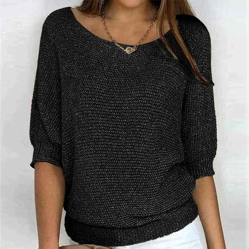 Cozy Women's Pullover Sweater with Textured Knit and Relaxed Fit – Half-Length Sleeves, Wide Crew Neck