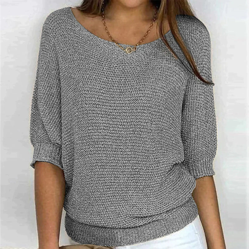 Cozy Women's Pullover Sweater with Textured Knit and Relaxed Fit – Half-Length Sleeves, Wide Crew Neck