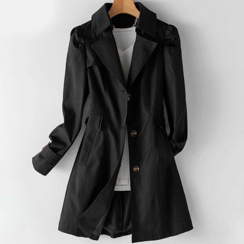 Elegant Black Trench Coat Women – Premium Cotton-Poly Blend, Stylish Lapel Collar, Button Closure, Timeless Design