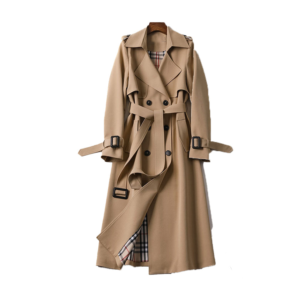 Elegant Ladies Double-Breasted Trench Coat – Long Black Coat for Women with Adjustable Waist Tie and Premium Fabric