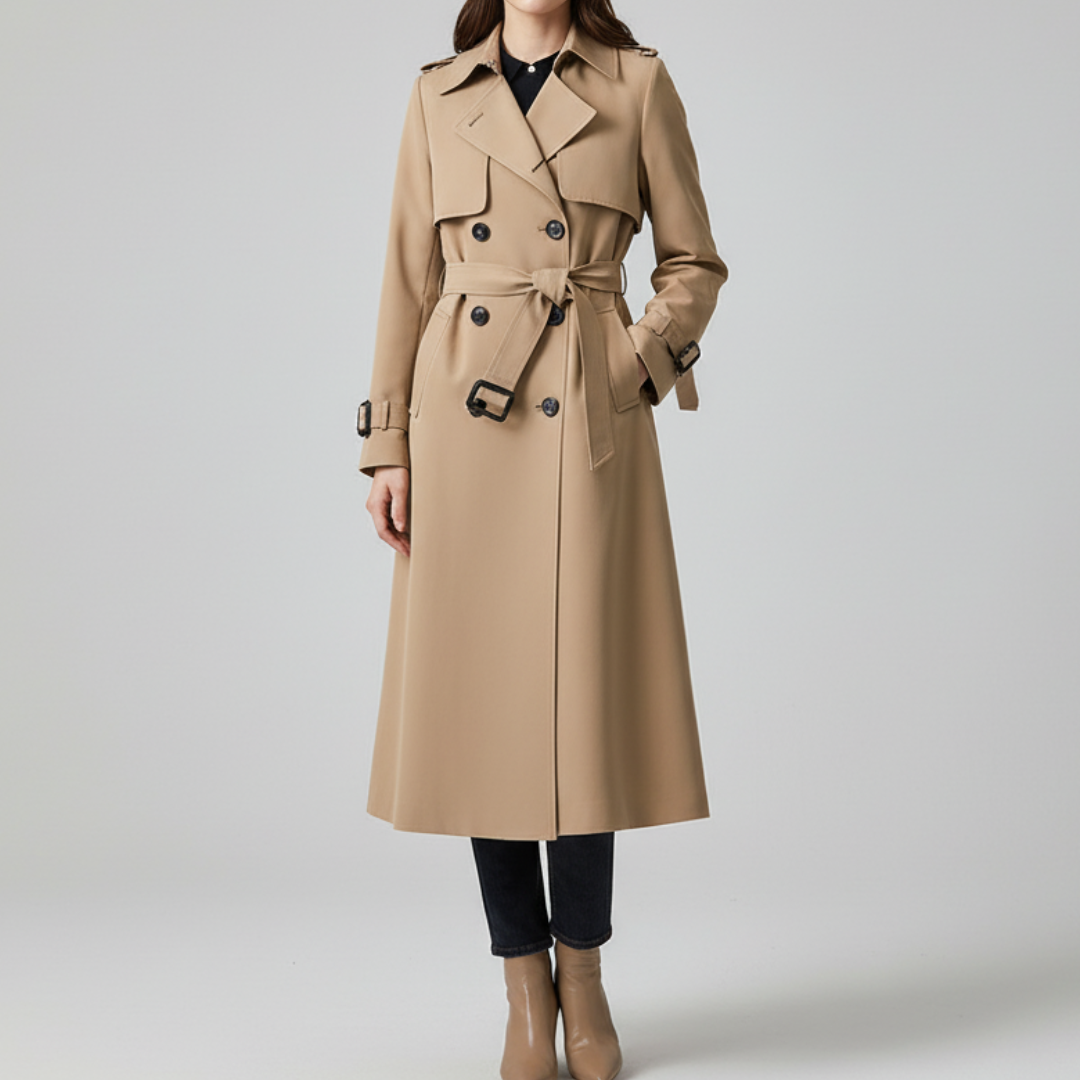 Elegant Ladies Double-Breasted Trench Coat – Long Black Coat for Women with Adjustable Waist Tie and Premium Fabric