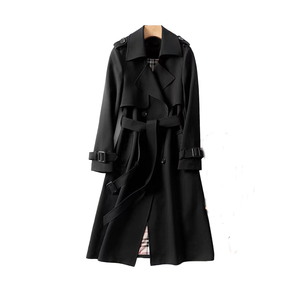 Elegant Ladies Double-Breasted Trench Coat – Long Black Coat for Women with Adjustable Waist Tie and Premium Fabric
