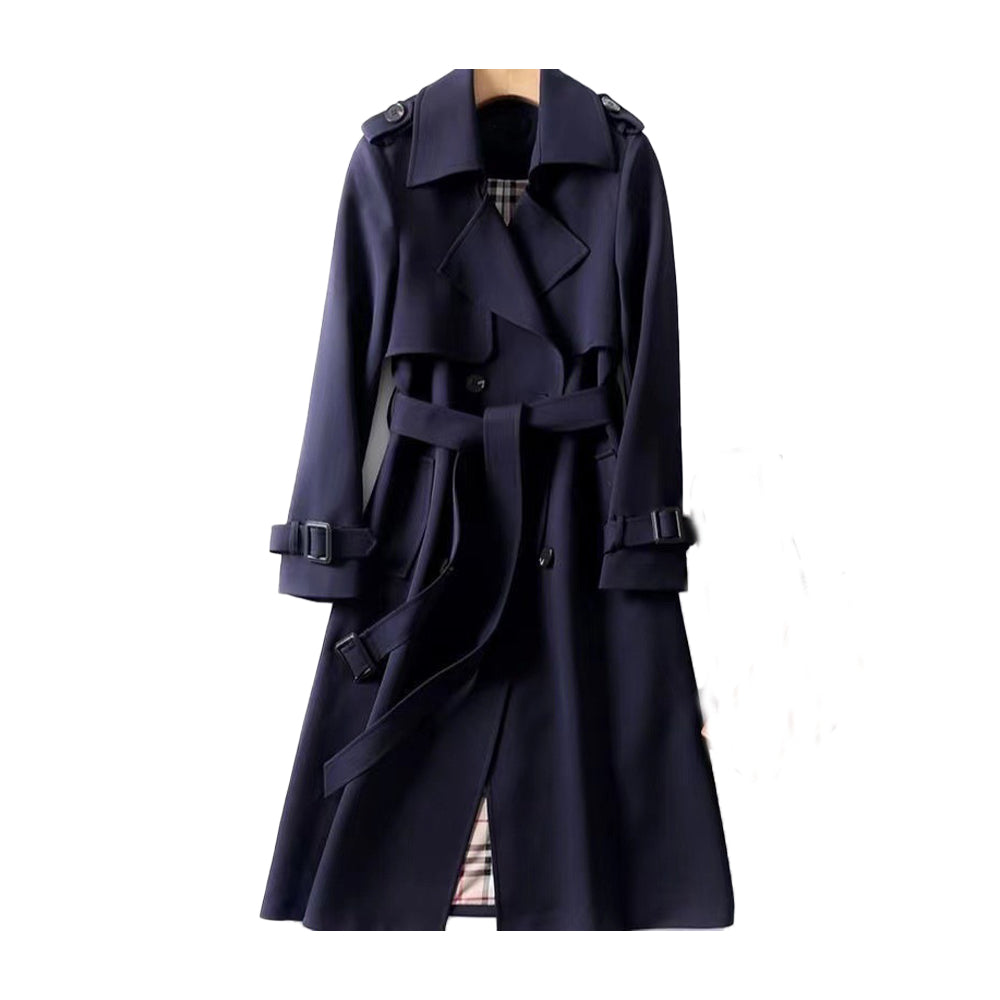 Elegant Ladies Double-Breasted Trench Coat – Long Black Coat for Women with Adjustable Waist Tie and Premium Fabric