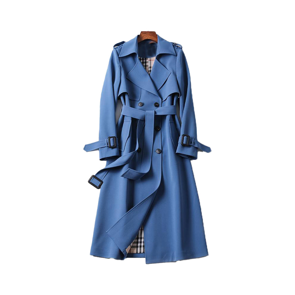 Elegant Ladies Double-Breasted Trench Coat – Long Black Coat for Women with Adjustable Waist Tie and Premium Fabric