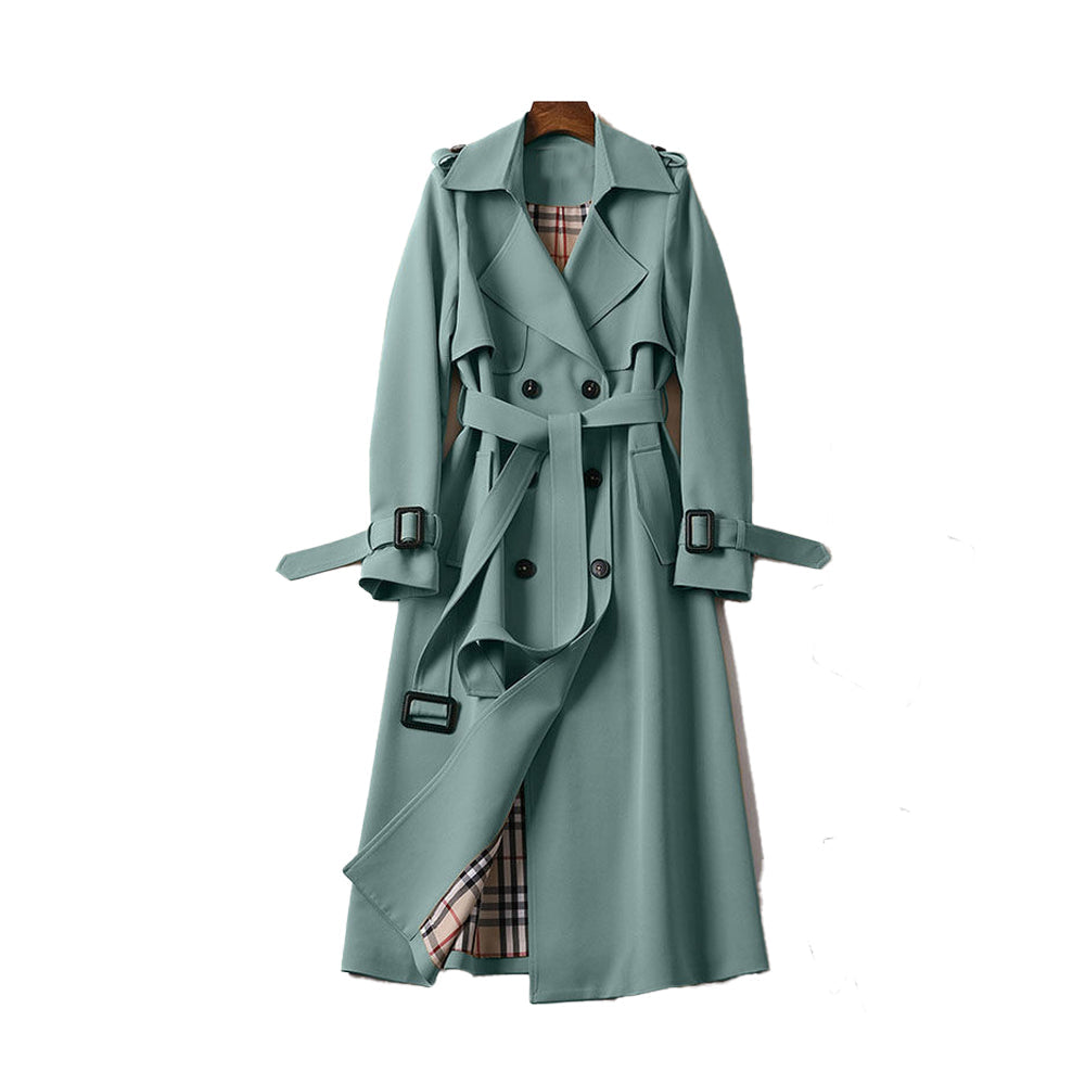 Elegant Ladies Double-Breasted Trench Coat – Long Black Coat for Women with Adjustable Waist Tie and Premium Fabric