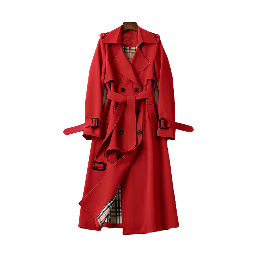 Elegant Ladies Double-Breasted Trench Coat – Long Black Coat for Women with Adjustable Waist Tie and Premium Fabric