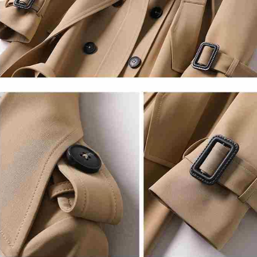 Elegant Ladies Double-Breasted Trench Coat – Long Black Coat for Women with Adjustable Waist Tie and Premium Fabric
