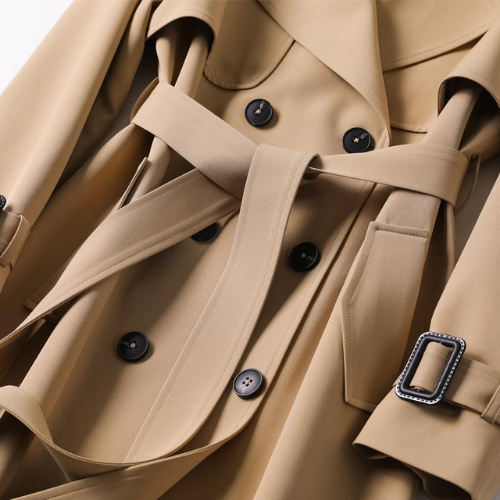 Elegant Ladies Double-Breasted Trench Coat – Long Black Coat for Women with Adjustable Waist Tie and Premium Fabric