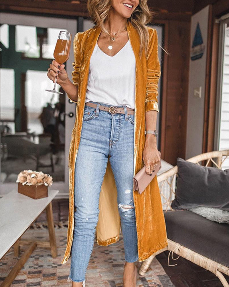 Elegant Long Velvet Duster Cardigan for Women - Lightweight Open Front, Relaxed Fit for Fall/Winter