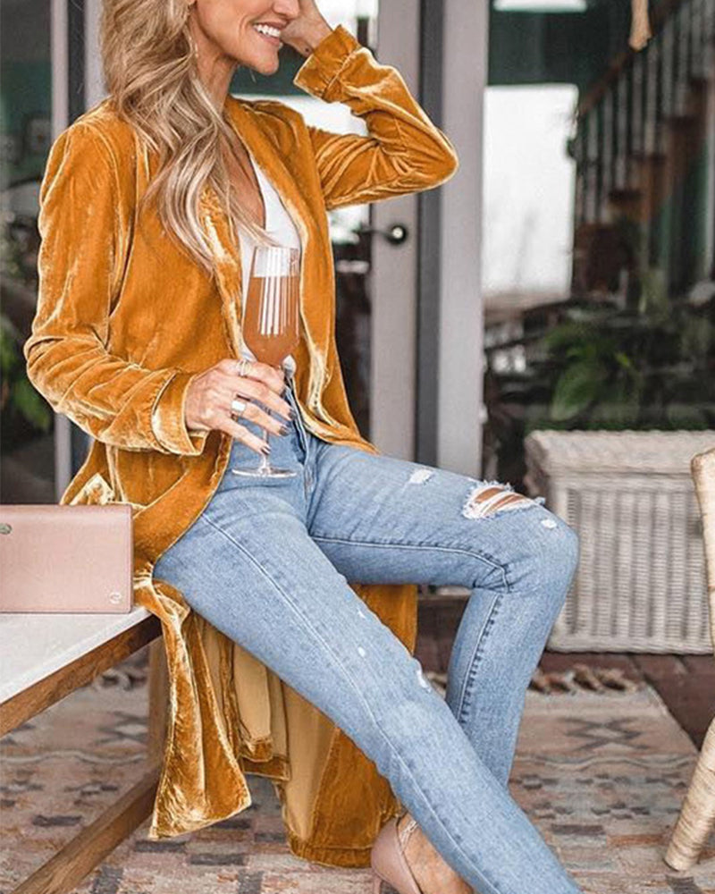 Elegant Long Velvet Duster Cardigan for Women - Lightweight Open Front, Relaxed Fit for Fall/Winter