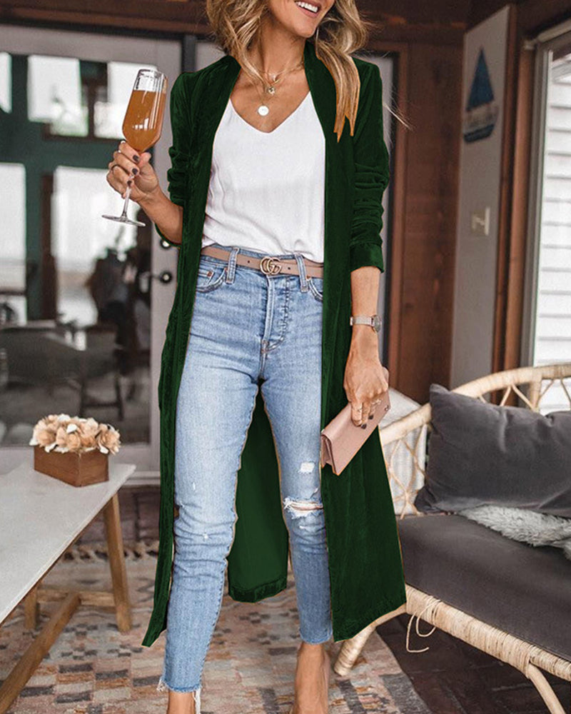 Elegant Long Velvet Duster Cardigan for Women - Lightweight Open Front, Relaxed Fit for Fall/Winter