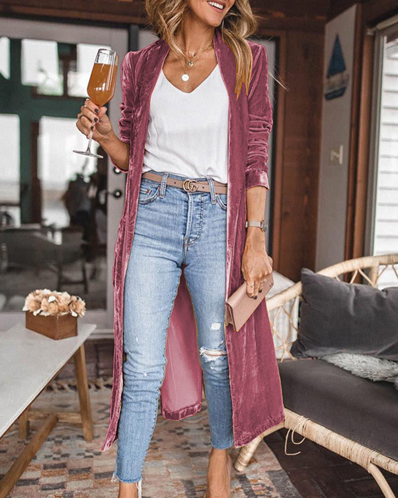 Elegant Long Velvet Duster Cardigan for Women - Lightweight Open Front, Relaxed Fit for Fall/Winter