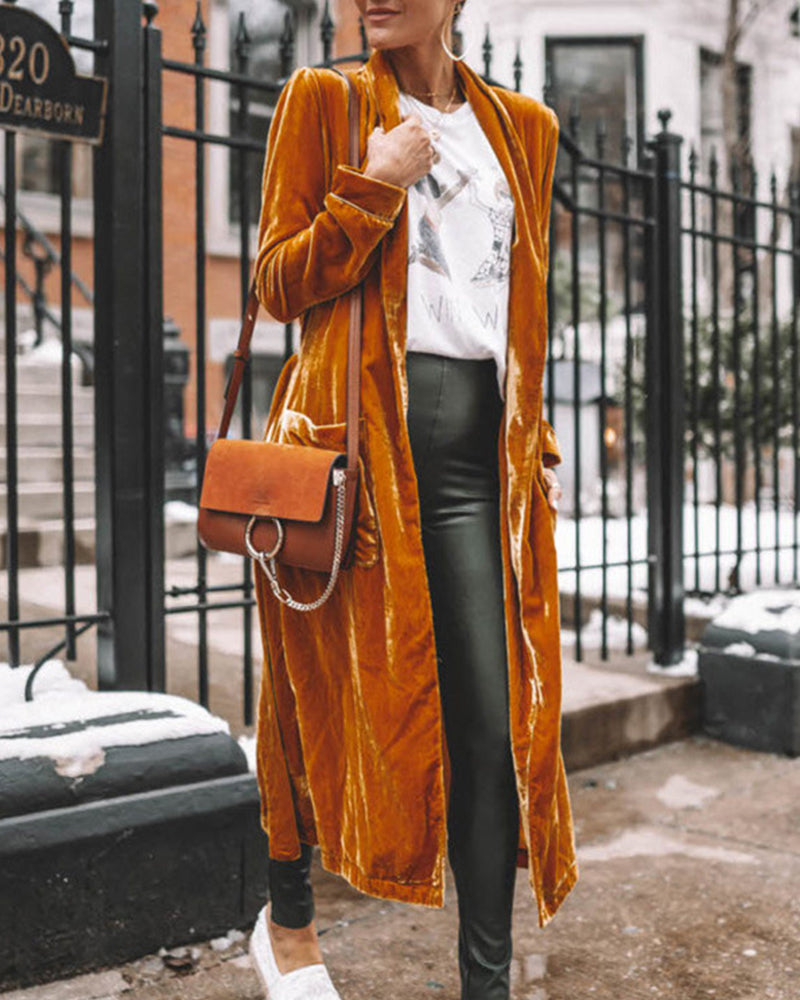 Elegant Long Velvet Duster Cardigan for Women - Lightweight Open Front, Relaxed Fit for Fall/Winter