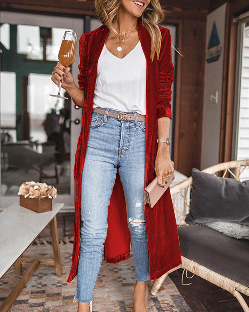Elegant Long Velvet Duster Cardigan for Women - Lightweight Open Front, Relaxed Fit for Fall/Winter