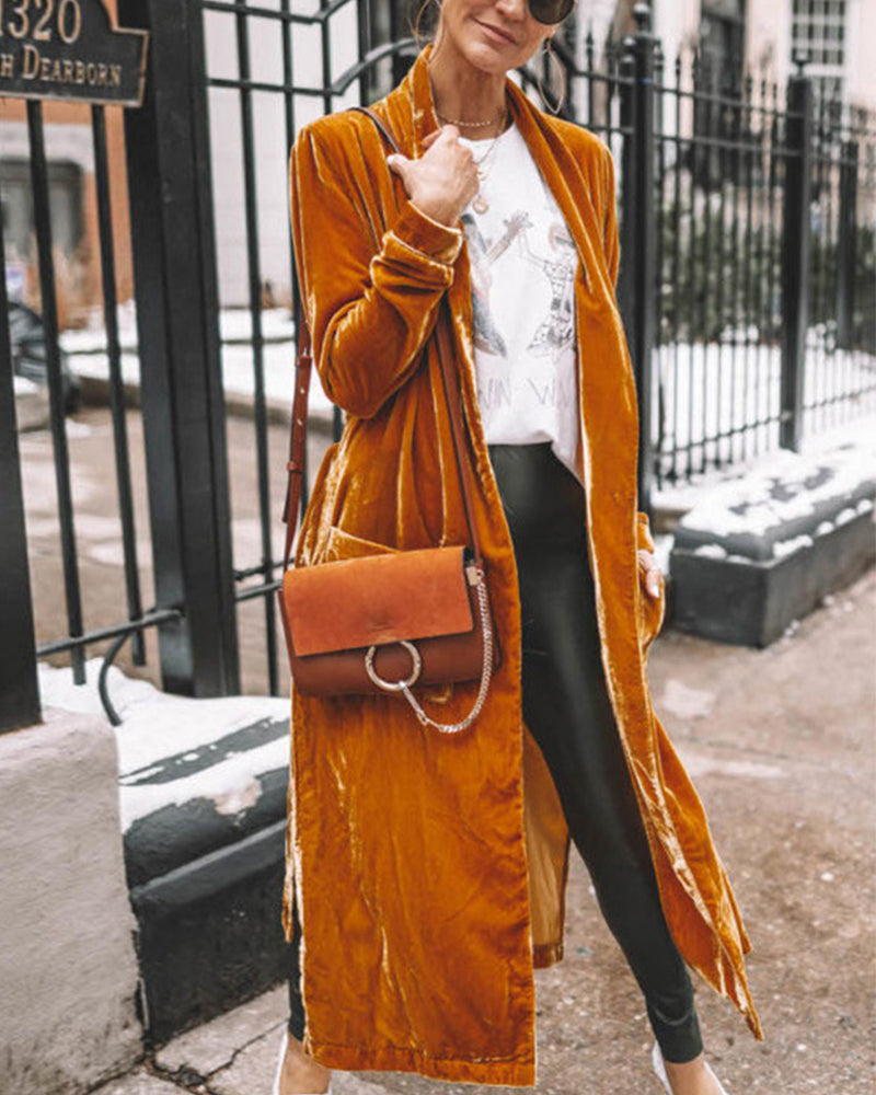 Elegant Long Velvet Duster Cardigan for Women - Lightweight Open Front, Relaxed Fit for Fall/Winter