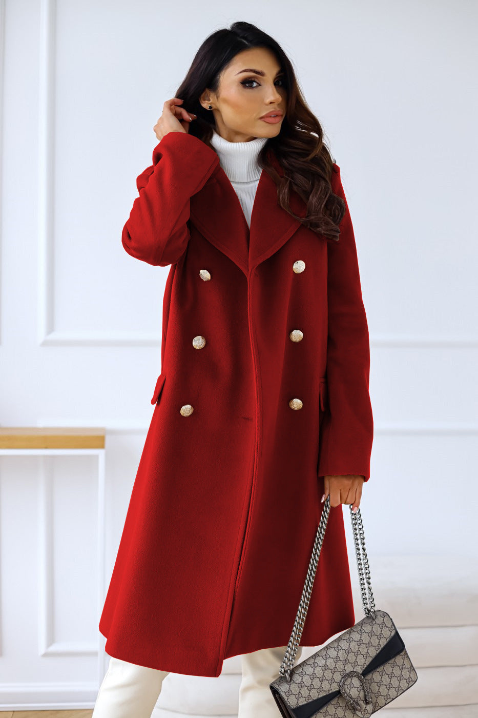 Elegant Women's Double-Breasted Long Winter Coat with Gold Button Accents and Structured Silhouette