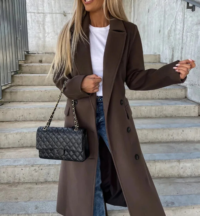 Elegant Women's Double-Breasted Winter Coat with Waist Belt – Full-Length Stylish Winter Coats for Cold Weather