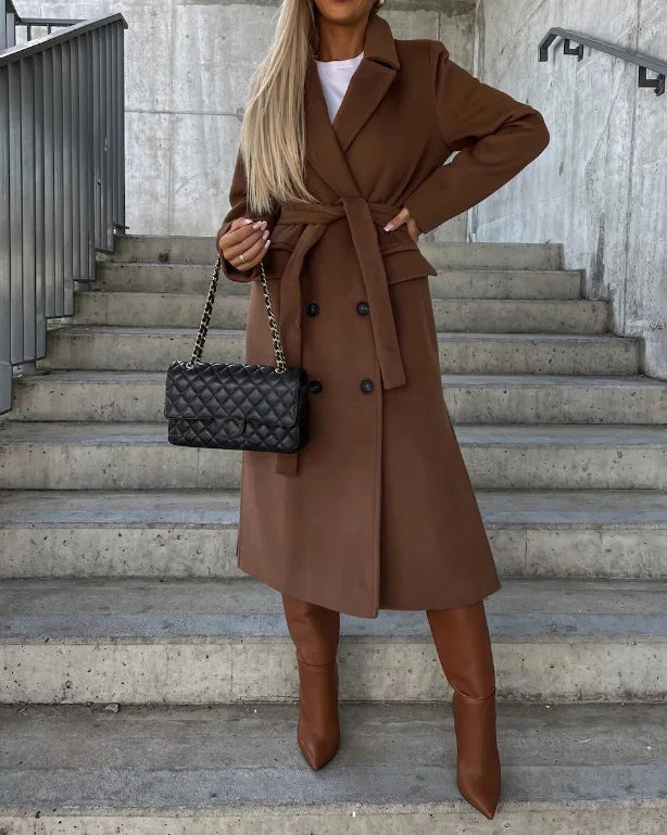 Elegant Women's Double-Breasted Winter Coat with Waist Belt – Full-Length Stylish Winter Coats for Cold Weather