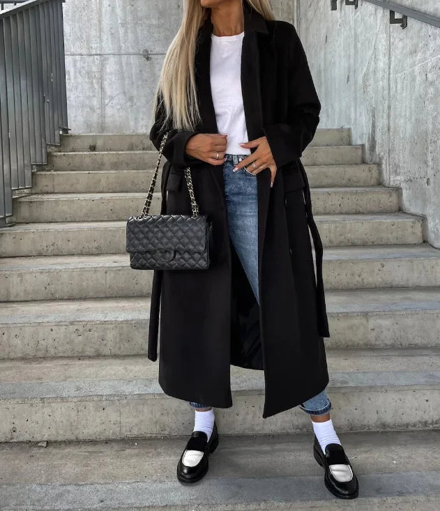 Elegant Women's Double-Breasted Winter Coat with Waist Belt – Full-Length Stylish Winter Coats for Cold Weather