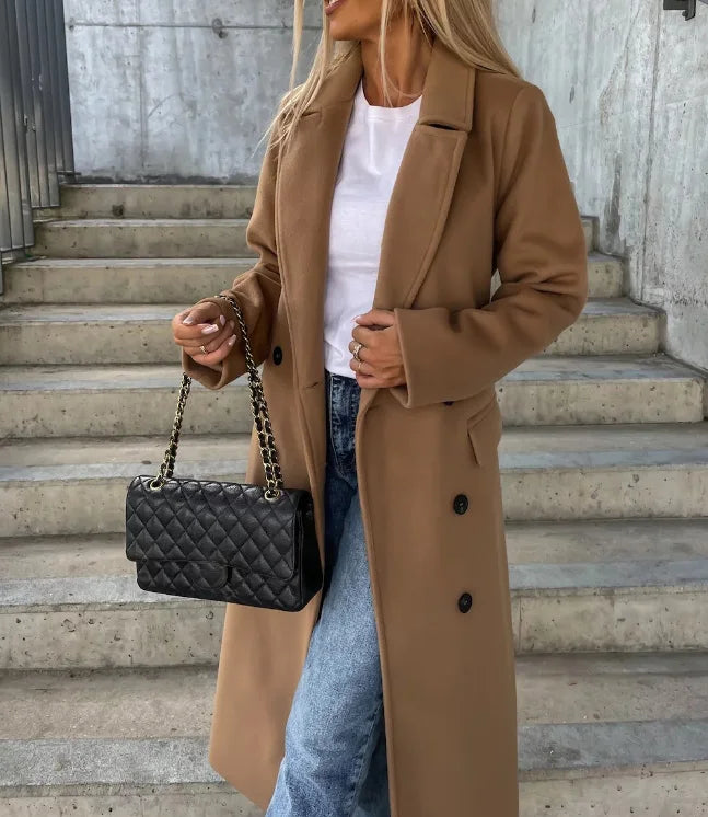 Elegant Women's Double-Breasted Winter Coat with Waist Belt – Full-Length Stylish Winter Coats for Cold Weather