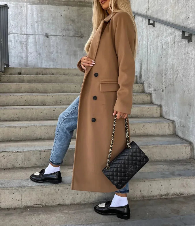 Elegant Women's Double-Breasted Winter Coat with Waist Belt – Full-Length Stylish Winter Coats for Cold Weather