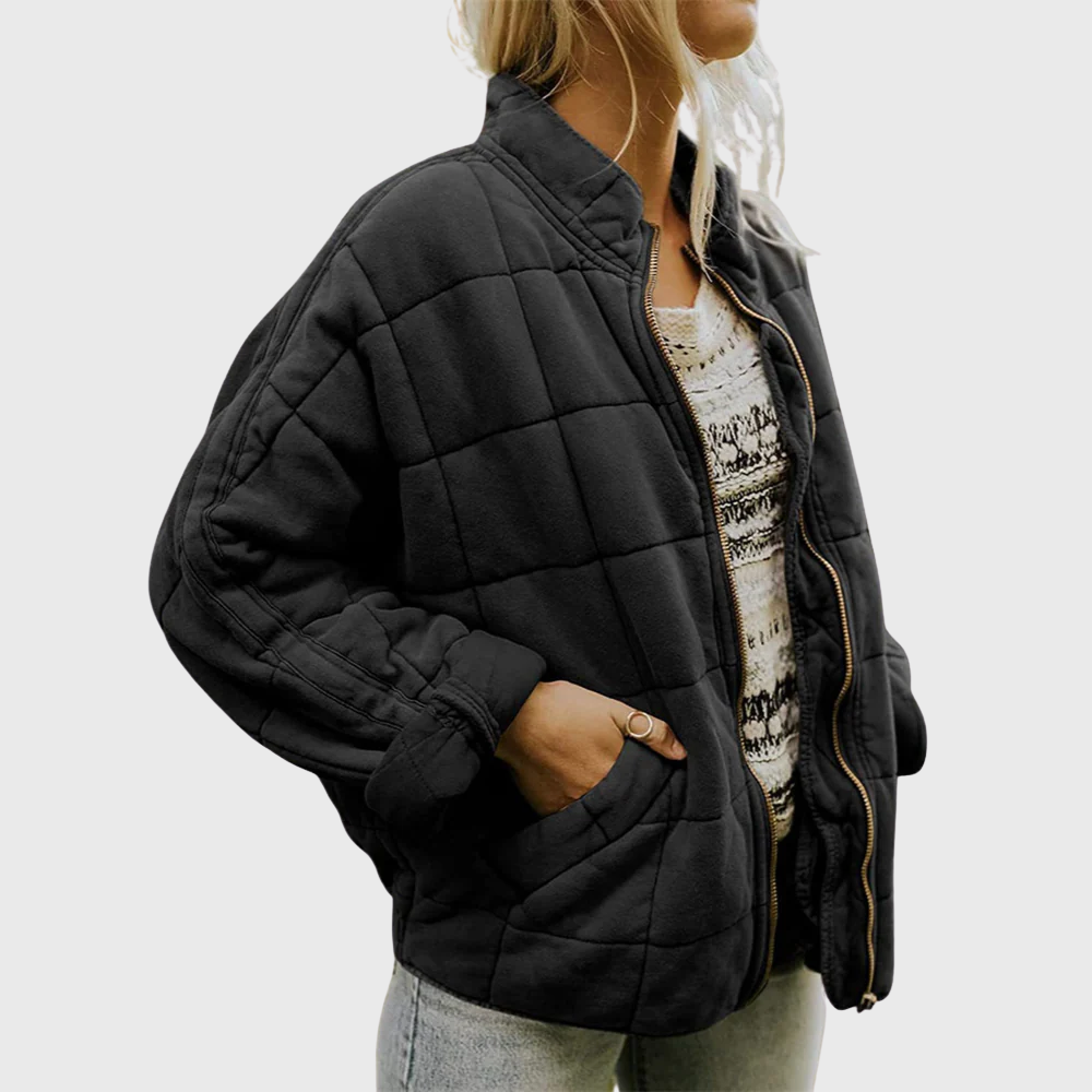 Emily Quilted Zip Jacket - Oversized Fleece Blend Outerwear with High Collar and Side Pockets for Autumn/Winter