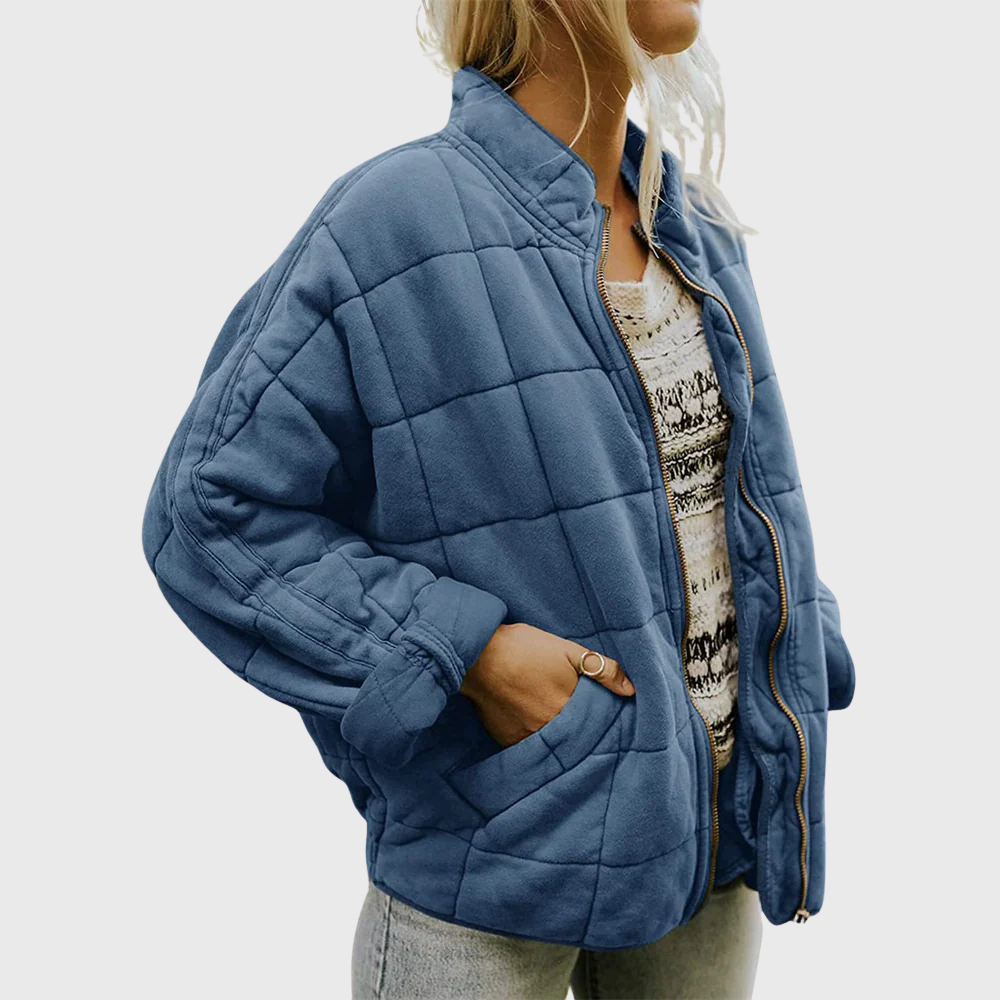 Emily Quilted Zip Jacket - Oversized Fleece Blend Outerwear with High Collar and Side Pockets for Autumn/Winter