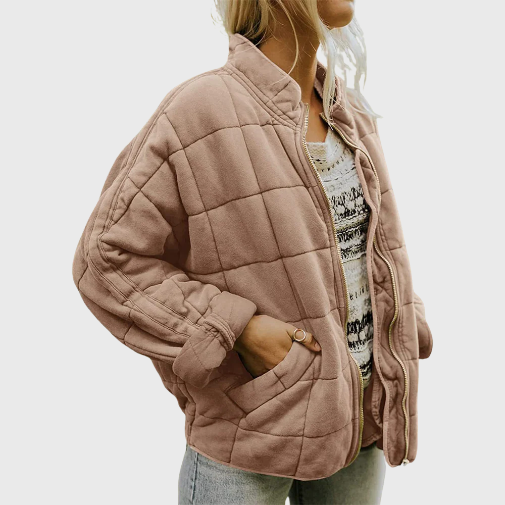 Emily Quilted Zip Jacket - Oversized Fleece Blend Outerwear with High Collar and Side Pockets for Autumn/Winter