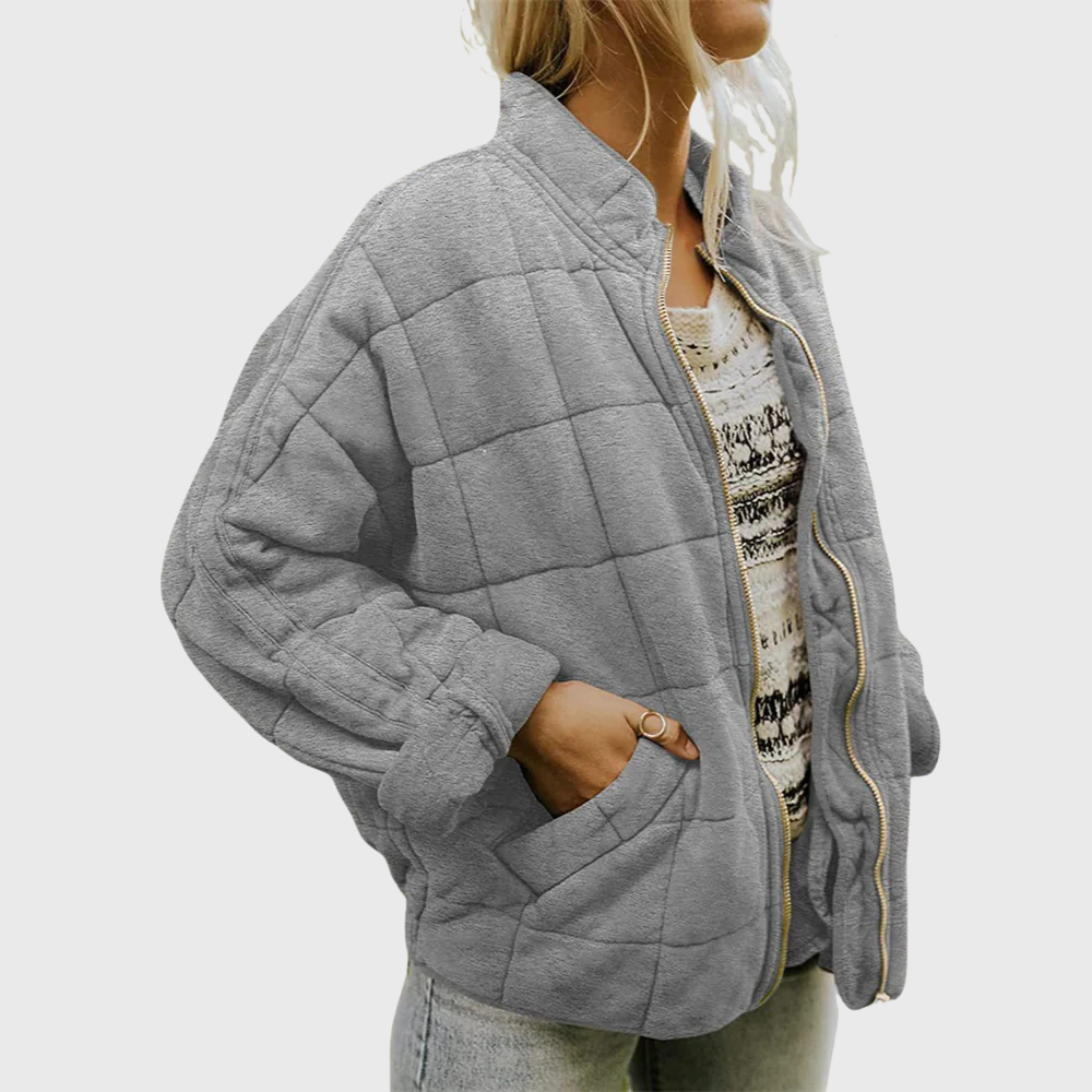Emily Quilted Zip Jacket - Oversized Fleece Blend Outerwear with High Collar and Side Pockets for Autumn/Winter