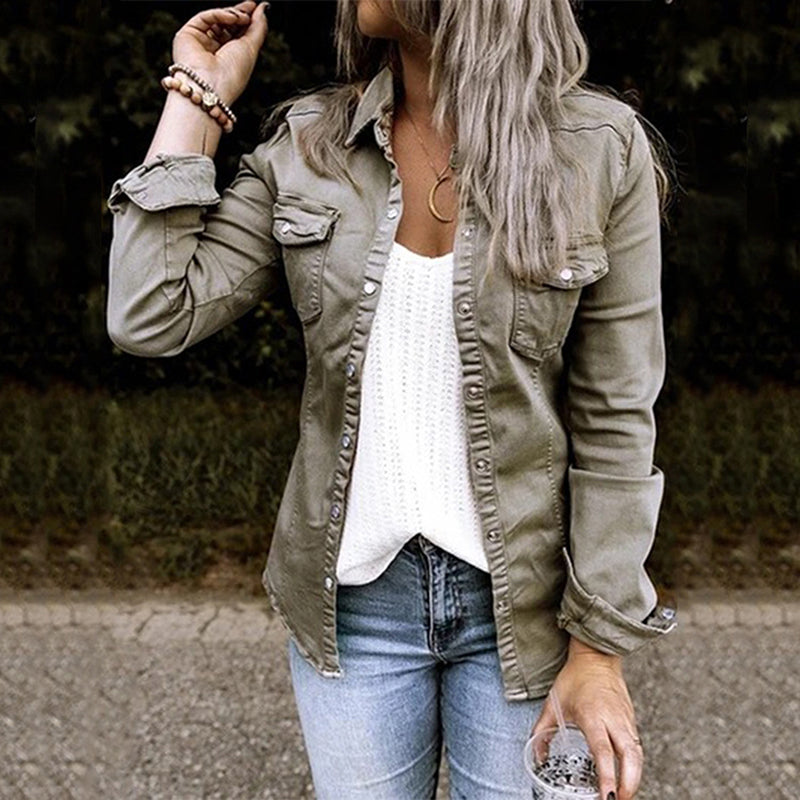 Lightweight Denim Shirt Jacket for Women - Slim Fit Overshirt with Button Front and Chest Pockets