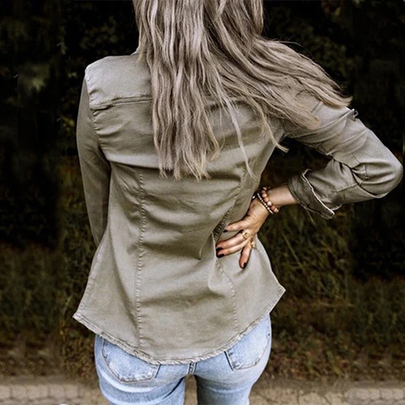 Lightweight Denim Shirt Jacket for Women - Slim Fit Overshirt with Button Front and Chest Pockets
