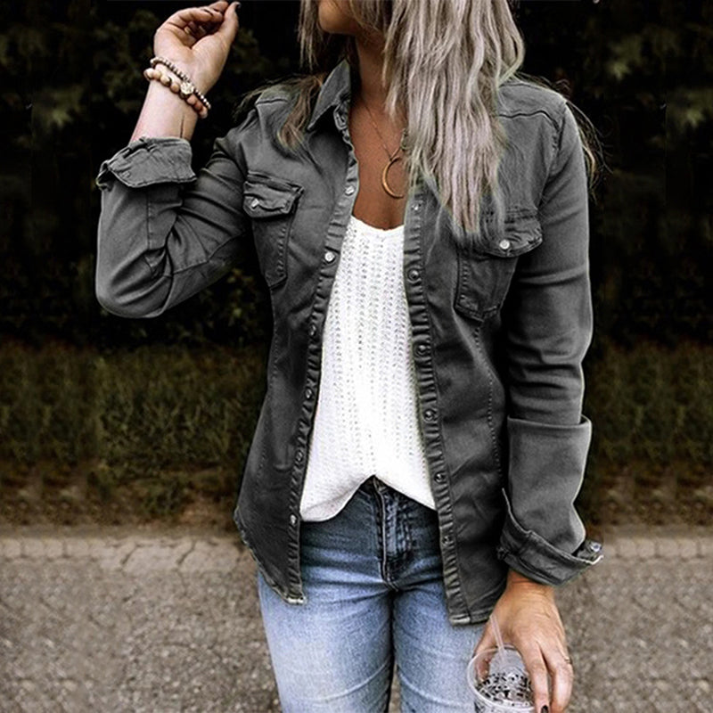 Lightweight Denim Shirt Jacket for Women - Slim Fit Overshirt with Button Front and Chest Pockets