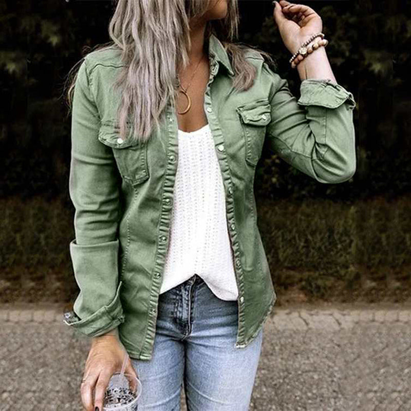 Lightweight Denim Shirt Jacket for Women - Slim Fit Overshirt with Button Front and Chest Pockets