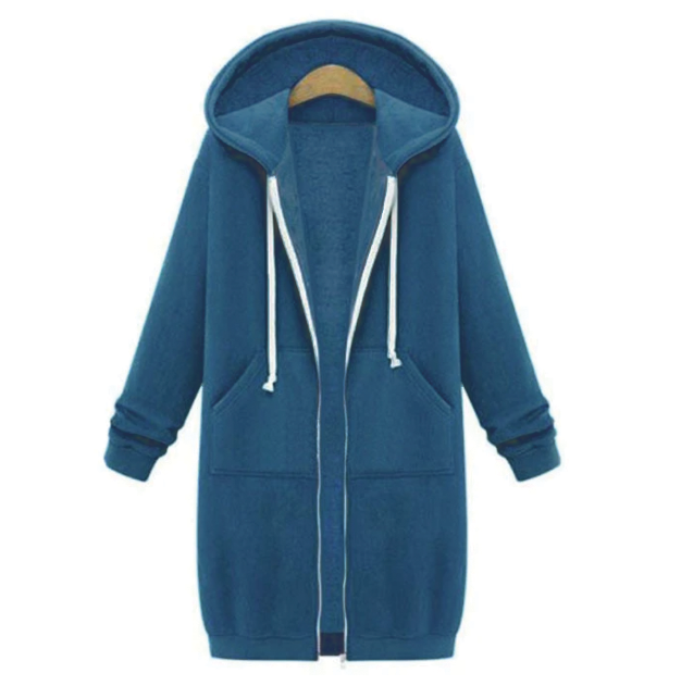 Longline Zip Hoodie for Women, Cozy Midweight Fabric, Drawstring Hood, Extended Length, Front Patch Pockets, Casual Layering Piece