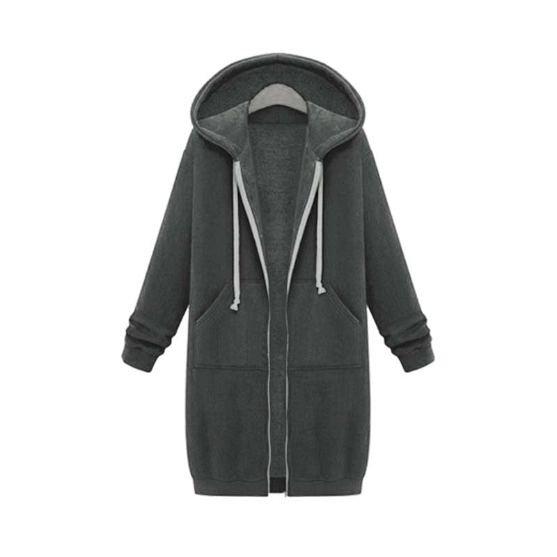 Longline Zip Hoodie for Women, Cozy Midweight Fabric, Drawstring Hood, Extended Length, Front Patch Pockets, Casual Layering Piece